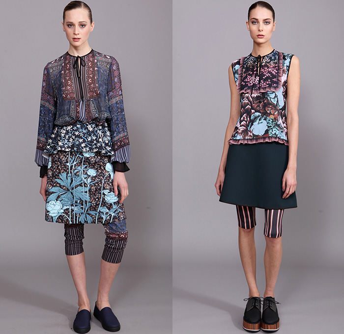 Clover Canyon 2015-2016 Fall Autumn Winter Womens Lookbook Presentation - Bohemian Boho Chic Art Nouveau Ruffles Velvet Stripes Lace Sheer Chiffon Wide Leg Palazzo Pants Onesie Jumpsuit Coveralls Bib Brace Silk Ornamental Print Decorative Art Flare Blouse Tunic Long Sleeve High Waist Scarf Flowers Florals Fauna Leaves Foliage Bell Sleeves Peasant Dress Coat Skirt Frock Knit Sweater Tiered