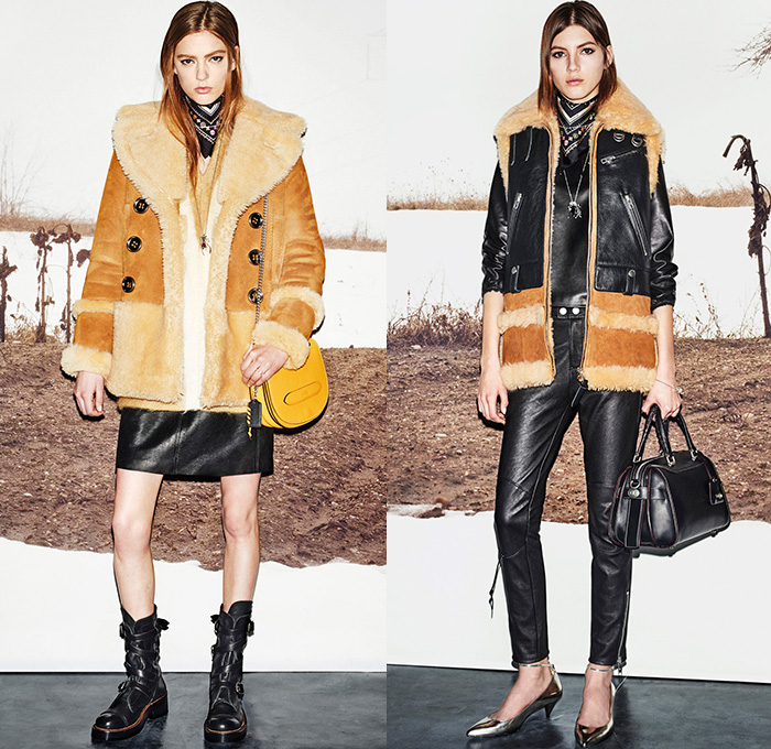 Coach 2015-2016 Fall Autumn Winter Womens Runway Catwalk Looks - New York Fashion Week NYFW - Lucky Furry Outerwear Coat Jacket Parka Shearling Waistcoat Vest Leather Sheer Chiffon Moto Motorcycle Biker Rider Leather Racer Plaid Tartan Slim Leggings Pants Trousers Boots Miniskirt Skirt Frock Scarf Bandanna Polka Dots Silk Blouse Coatdress Chunky Knit Sweater Jumper Patchwork