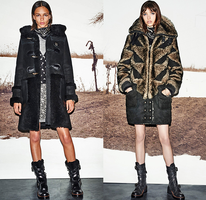 Coach 2015-2016 Fall Autumn Winter Womens Runway Catwalk Looks - New York Fashion Week NYFW - Lucky Furry Outerwear Coat Jacket Parka Shearling Waistcoat Vest Leather Sheer Chiffon Moto Motorcycle Biker Rider Leather Racer Plaid Tartan Slim Leggings Pants Trousers Boots Miniskirt Skirt Frock Scarf Bandanna Polka Dots Silk Blouse Coatdress Chunky Knit Sweater Jumper Patchwork