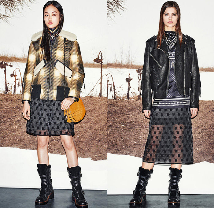 Coach 2015-2016 Fall Autumn Winter Womens Runway Catwalk Looks - New York Fashion Week NYFW - Lucky Furry Outerwear Coat Jacket Parka Shearling Waistcoat Vest Leather Sheer Chiffon Moto Motorcycle Biker Rider Leather Racer Plaid Tartan Slim Leggings Pants Trousers Boots Miniskirt Skirt Frock Scarf Bandanna Polka Dots Silk Blouse Coatdress Chunky Knit Sweater Jumper Patchwork