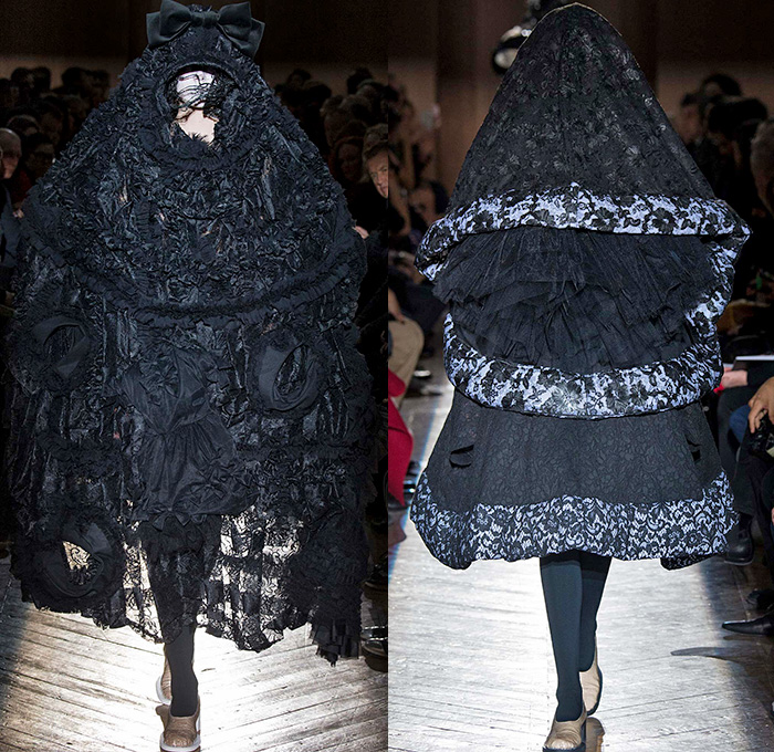 Comme des Garçons Designer Rei Kawakubo 2015-2016 Fall Autumn Winter Womens Runway Catwalk Looks - Mode à Paris Fashion Week Mode Féminin France - Dark Veil Lace Ruffles Tiered Furry Ribbons Bow Tie  Wrap Dress Sheer Chiffon Tulle Skirt Frock Outerwear Coat Puffer Biretta Priest Hat Metallic Ornamental Decorative Art Embroidery Circle Round Drapery Wide Leg Culottes Gauchos Prison Bars Stripes