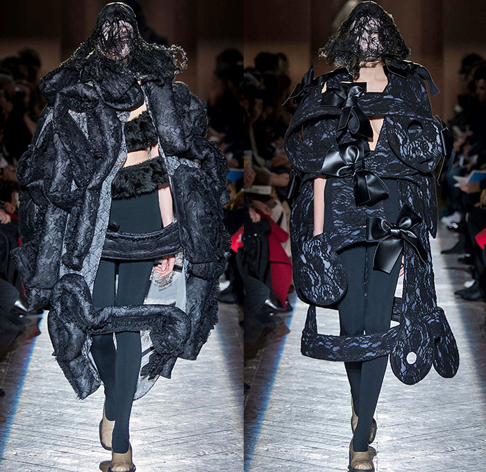 Comme des Garçons Designer Rei Kawakubo 2015-2016 Fall Autumn Winter Womens Runway Catwalk Looks - Mode à Paris Fashion Week Mode Féminin France - Dark Veil Lace Ruffles Tiered Furry Ribbons Bow Tie  Wrap Dress Sheer Chiffon Tulle Skirt Frock Outerwear Coat Puffer Biretta Priest Hat Metallic Ornamental Decorative Art Embroidery Circle Round Drapery Wide Leg Culottes Gauchos Prison Bars Stripes