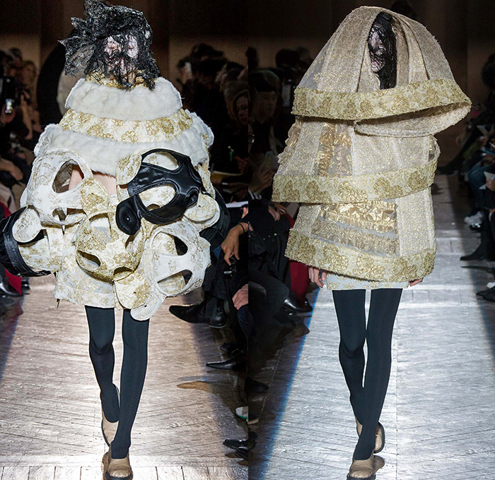 Comme des Garçons Designer Rei Kawakubo 2015-2016 Fall Autumn Winter Womens Runway Catwalk Looks - Mode à Paris Fashion Week Mode Féminin France - Dark Veil Lace Ruffles Tiered Furry Ribbons Bow Tie  Wrap Dress Sheer Chiffon Tulle Skirt Frock Outerwear Coat Puffer Biretta Priest Hat Metallic Ornamental Decorative Art Embroidery Circle Round Drapery Wide Leg Culottes Gauchos Prison Bars Stripes