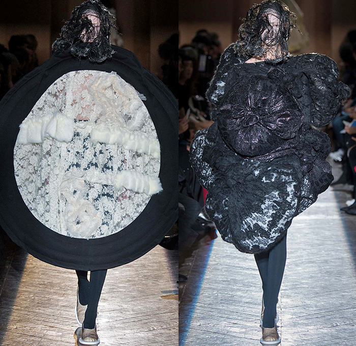 Comme des Garçons Designer Rei Kawakubo 2015-2016 Fall Autumn Winter Womens Runway Catwalk Looks - Mode à Paris Fashion Week Mode Féminin France - Dark Veil Lace Ruffles Tiered Furry Ribbons Bow Tie  Wrap Dress Sheer Chiffon Tulle Skirt Frock Outerwear Coat Puffer Biretta Priest Hat Metallic Ornamental Decorative Art Embroidery Circle Round Drapery Wide Leg Culottes Gauchos Prison Bars Stripes