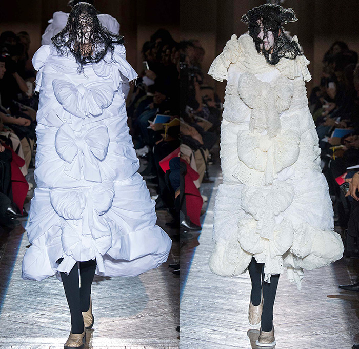 Comme des Garçons Designer Rei Kawakubo 2015-2016 Fall Autumn Winter Womens Runway Catwalk Looks - Mode à Paris Fashion Week Mode Féminin France - Dark Veil Lace Ruffles Tiered Furry Ribbons Bow Tie  Wrap Dress Sheer Chiffon Tulle Skirt Frock Outerwear Coat Puffer Biretta Priest Hat Metallic Ornamental Decorative Art Embroidery Circle Round Drapery Wide Leg Culottes Gauchos Prison Bars Stripes