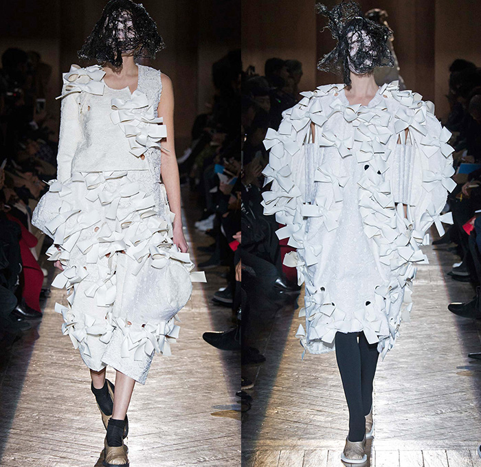 Comme des Garçons Designer Rei Kawakubo 2015-2016 Fall Autumn Winter Womens Runway Catwalk Looks - Mode à Paris Fashion Week Mode Féminin France - Dark Veil Lace Ruffles Tiered Furry Ribbons Bow Tie  Wrap Dress Sheer Chiffon Tulle Skirt Frock Outerwear Coat Puffer Biretta Priest Hat Metallic Ornamental Decorative Art Embroidery Circle Round Drapery Wide Leg Culottes Gauchos Prison Bars Stripes