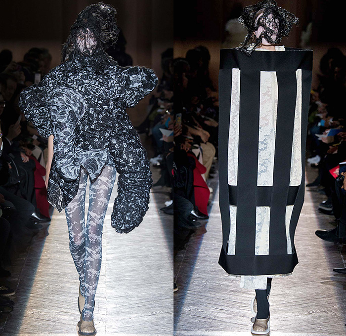 Comme des Garçons Designer Rei Kawakubo 2015-2016 Fall Autumn Winter Womens Runway Catwalk Looks - Mode à Paris Fashion Week Mode Féminin France - Dark Veil Lace Ruffles Tiered Furry Ribbons Bow Tie  Wrap Dress Sheer Chiffon Tulle Skirt Frock Outerwear Coat Puffer Biretta Priest Hat Metallic Ornamental Decorative Art Embroidery Circle Round Drapery Wide Leg Culottes Gauchos Prison Bars Stripes