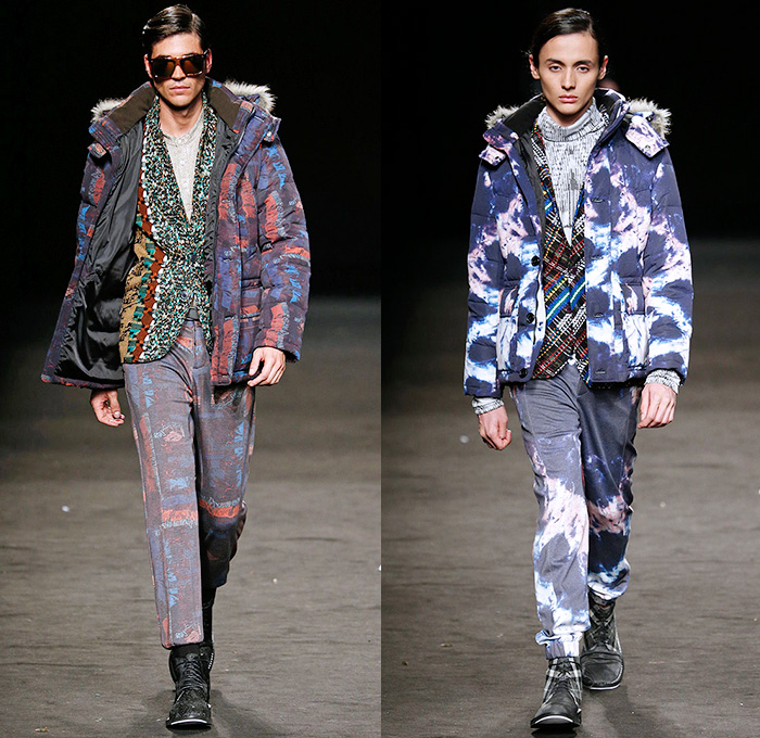 Custo Barcelona 2015-2016 Fall Autumn Winter Mens Runway Catwalk Looks - 080 Barcelona Fashion Catalonia Catalan Spain - Ornamental Abstract Tribal Prints Outerwear Coat Blazer Furry Parka Suit Bleached Tie-dye Tartan Check Plaid Pants Trousers Hoodie Boots Turtleneck Mohair Wool Multi-Panel Onesie Jumpsuit Boiler Suit Salopette Coveralls Bag Knit Sweater Jumper Flap Pockets