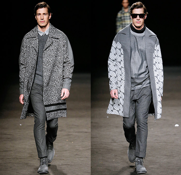 Custo Barcelona 2015-2016 Fall Autumn Winter Mens Runway Catwalk Looks - 080 Barcelona Fashion Catalonia Catalan Spain - Ornamental Abstract Tribal Prints Outerwear Coat Blazer Furry Parka Suit Bleached Tie-dye Tartan Check Plaid Pants Trousers Hoodie Boots Turtleneck Mohair Wool Multi-Panel Onesie Jumpsuit Boiler Suit Salopette Coveralls Bag Knit Sweater Jumper Flap Pockets