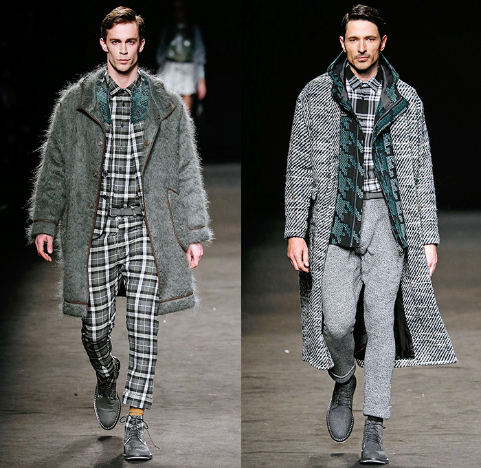 Custo Barcelona 2015-2016 Fall Autumn Winter Mens Runway Catwalk Looks - 080 Barcelona Fashion Catalonia Catalan Spain - Ornamental Abstract Tribal Prints Outerwear Coat Blazer Furry Parka Suit Bleached Tie-dye Tartan Check Plaid Pants Trousers Hoodie Boots Turtleneck Mohair Wool Multi-Panel Onesie Jumpsuit Boiler Suit Salopette Coveralls Bag Knit Sweater Jumper Flap Pockets