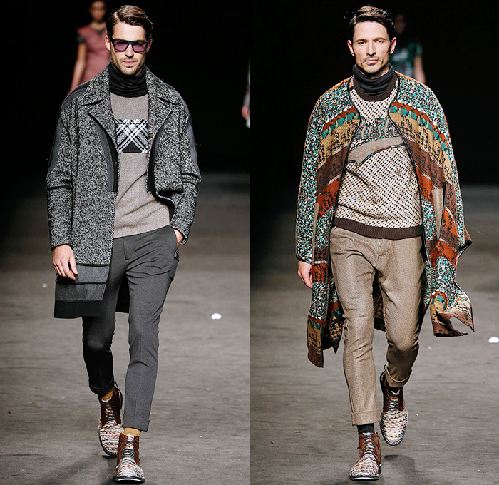 Custo Barcelona 2015-2016 Fall Autumn Winter Mens Runway Catwalk Looks - 080 Barcelona Fashion Catalonia Catalan Spain - Ornamental Abstract Tribal Prints Outerwear Coat Blazer Furry Parka Suit Bleached Tie-dye Tartan Check Plaid Pants Trousers Hoodie Boots Turtleneck Mohair Wool Multi-Panel Onesie Jumpsuit Boiler Suit Salopette Coveralls Bag Knit Sweater Jumper Flap Pockets