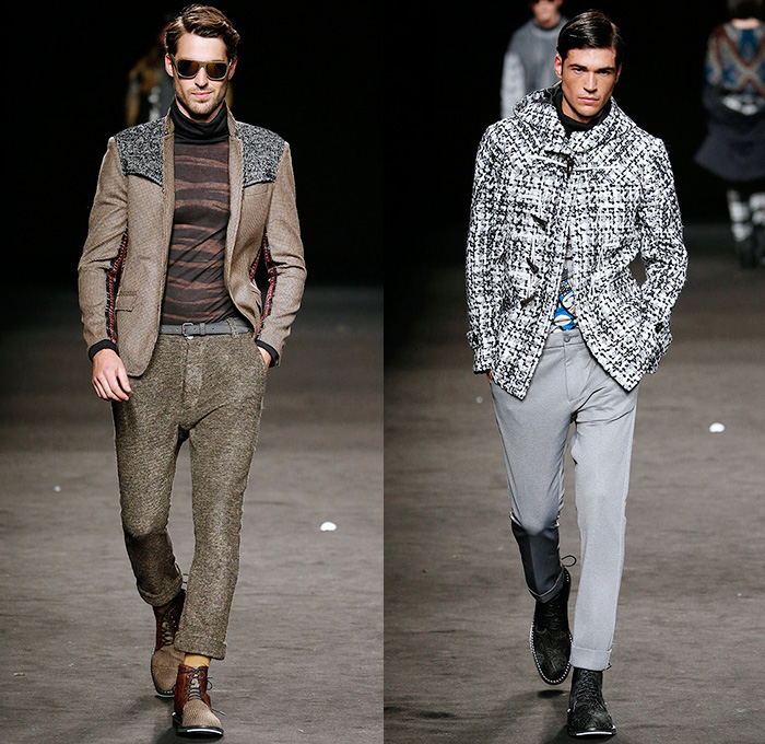 Custo Barcelona 2015-2016 Fall Autumn Winter Mens Runway Catwalk Looks - 080 Barcelona Fashion Catalonia Catalan Spain - Ornamental Abstract Tribal Prints Outerwear Coat Blazer Furry Parka Suit Bleached Tie-dye Tartan Check Plaid Pants Trousers Hoodie Boots Turtleneck Mohair Wool Multi-Panel Onesie Jumpsuit Boiler Suit Salopette Coveralls Bag Knit Sweater Jumper Flap Pockets