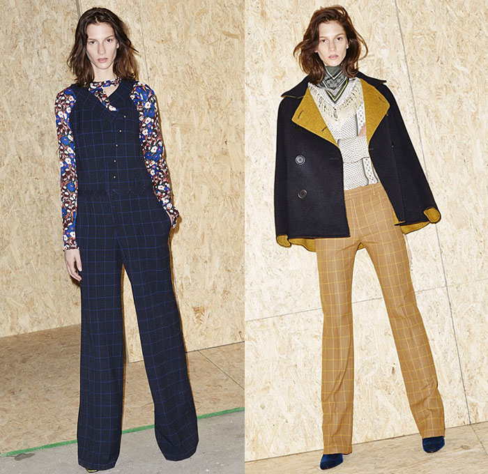 Derek Lam 10 Crosby 2015-2016 Fall Autumn Winter Womens Lookbook Presentation - New York Fashion Week NYFW -  Denim Jeans Plaid Mohair Pinstripe Wide Leg Culottes Palazzo Pants Trousers Furry Scarf Windowpane Check Plaid Tartan Sweater Jumper Florals Flora Botanical Print Graphic Pattern Onesie Jumpsuit Coveralls Playsuit Peacoat Outerwear Coat Knit Blazer Cardigan Boots Velvet Maxi Dress