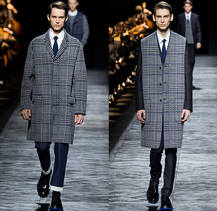 Dior Homme 2015-2016 Fall Autumn Winter Mens Runway Catwalk Looks - Mode à Paris Fashion Week Mode Masculine France - Denim Jeans Houndstooth Check Outerwear Oversized Coat Suit Leather Jogger Sweatpants Tuxedo Cocktail Jacket Nautical Vest Waistcoat Parka Cargo Pockets Cap Sweater Jumper Bag Pinstripe Shearling Wide Lapel Layers Fauna Leaves Foliage Briefcase Pinback Buttons