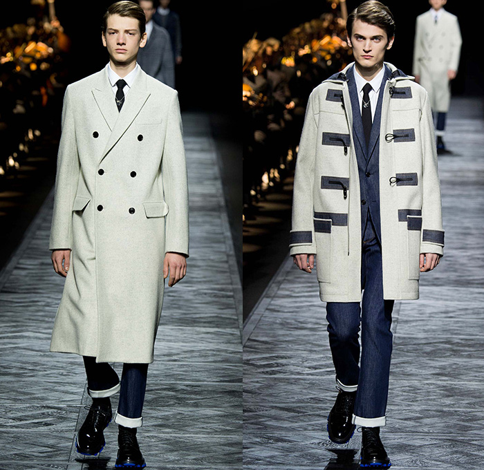 Dior Homme 2015-2016 Fall Autumn Winter Mens Runway Catwalk Looks - Mode à Paris Fashion Week Mode Masculine France - Denim Jeans Houndstooth Check Outerwear Oversized Coat Suit Leather Jogger Sweatpants Tuxedo Cocktail Jacket Nautical Vest Waistcoat Parka Cargo Pockets Cap Sweater Jumper Bag Pinstripe Shearling Wide Lapel Layers Fauna Leaves Foliage Briefcase Pinback Buttons