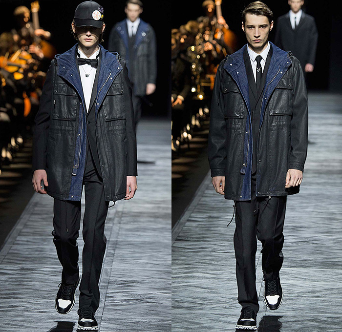 Dior Homme 2015-2016 Fall Autumn Winter Mens Runway Catwalk Looks - Mode à Paris Fashion Week Mode Masculine France - Denim Jeans Houndstooth Check Outerwear Oversized Coat Suit Leather Jogger Sweatpants Tuxedo Cocktail Jacket Nautical Vest Waistcoat Parka Cargo Pockets Cap Sweater Jumper Bag Pinstripe Shearling Wide Lapel Layers Fauna Leaves Foliage Briefcase Pinback Buttons