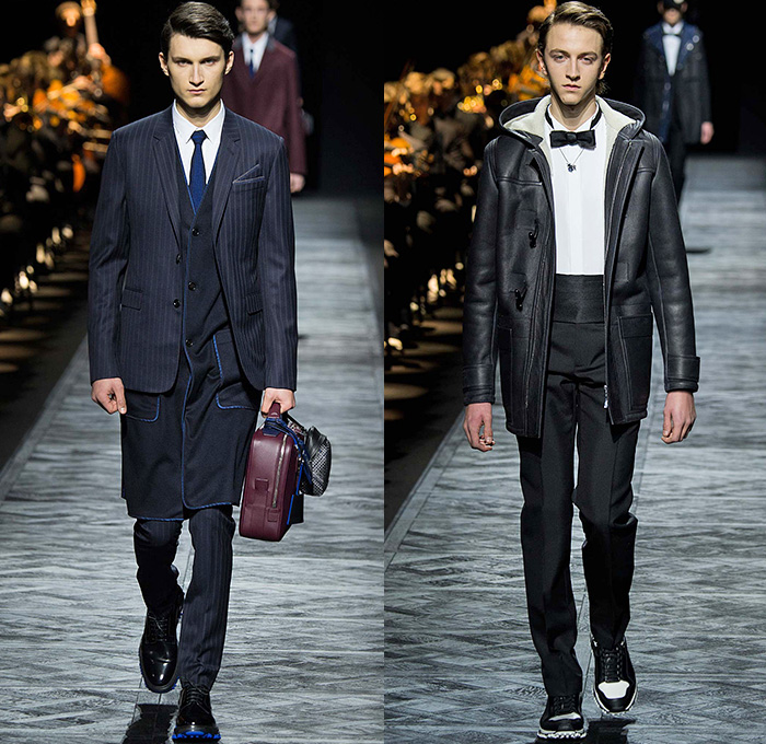 Dior Homme 2015-2016 Fall Autumn Winter Mens Runway Catwalk Looks - Mode à Paris Fashion Week Mode Masculine France - Denim Jeans Houndstooth Check Outerwear Oversized Coat Suit Leather Jogger Sweatpants Tuxedo Cocktail Jacket Nautical Vest Waistcoat Parka Cargo Pockets Cap Sweater Jumper Bag Pinstripe Shearling Wide Lapel Layers Fauna Leaves Foliage Briefcase Pinback Buttons