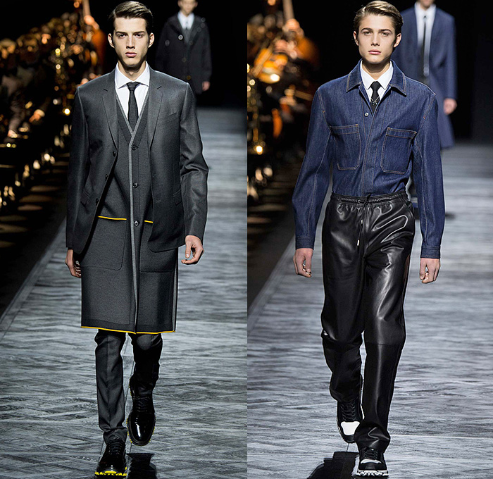 Dior Homme 2015-2016 Fall Autumn Winter Mens Runway Catwalk Looks - Mode à Paris Fashion Week Mode Masculine France - Denim Jeans Houndstooth Check Outerwear Oversized Coat Suit Leather Jogger Sweatpants Tuxedo Cocktail Jacket Nautical Vest Waistcoat Parka Cargo Pockets Cap Sweater Jumper Bag Pinstripe Shearling Wide Lapel Layers Fauna Leaves Foliage Briefcase Pinback Buttons