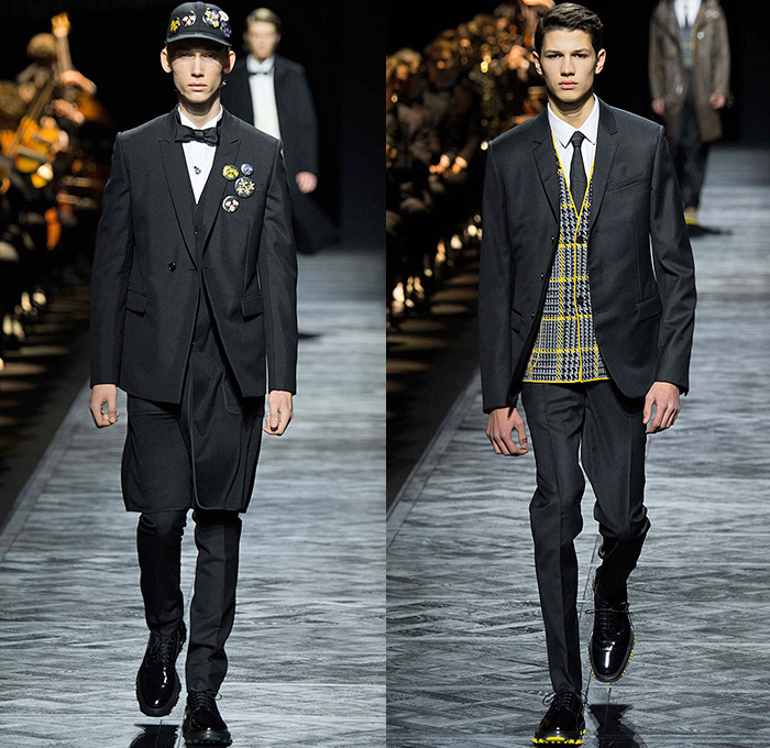 Dior Homme 2015-2016 Fall Autumn Winter Mens Runway Catwalk Looks - Mode à Paris Fashion Week Mode Masculine France - Denim Jeans Houndstooth Check Outerwear Oversized Coat Suit Leather Jogger Sweatpants Tuxedo Cocktail Jacket Nautical Vest Waistcoat Parka Cargo Pockets Cap Sweater Jumper Bag Pinstripe Shearling Wide Lapel Layers Fauna Leaves Foliage Briefcase Pinback Buttons