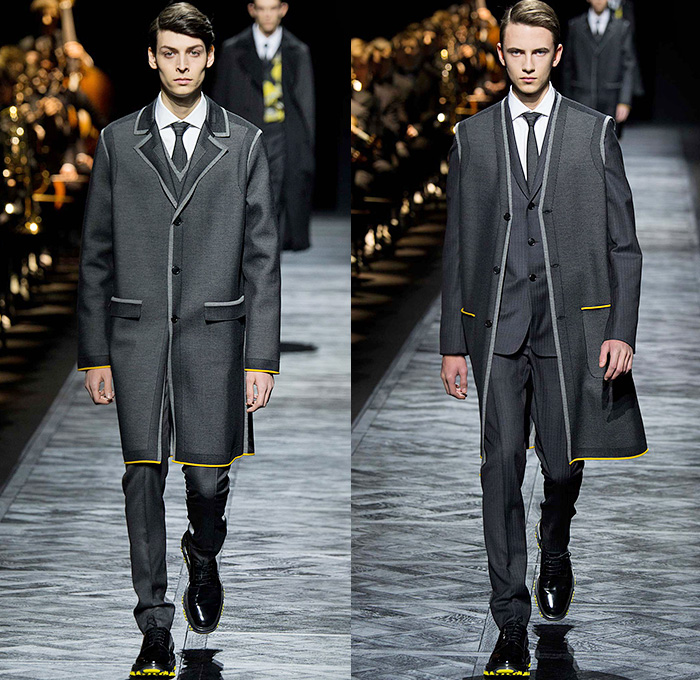 Dior Homme 2015-2016 Fall Autumn Winter Mens Runway Catwalk Looks - Mode à Paris Fashion Week Mode Masculine France - Denim Jeans Houndstooth Check Outerwear Oversized Coat Suit Leather Jogger Sweatpants Tuxedo Cocktail Jacket Nautical Vest Waistcoat Parka Cargo Pockets Cap Sweater Jumper Bag Pinstripe Shearling Wide Lapel Layers Fauna Leaves Foliage Briefcase Pinback Buttons