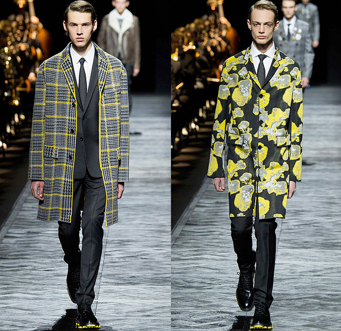 Dior Homme 2015-2016 Fall Autumn Winter Mens Runway Catwalk Looks - Mode à Paris Fashion Week Mode Masculine France - Denim Jeans Houndstooth Check Outerwear Oversized Coat Suit Leather Jogger Sweatpants Tuxedo Cocktail Jacket Nautical Vest Waistcoat Parka Cargo Pockets Cap Sweater Jumper Bag Pinstripe Shearling Wide Lapel Layers Fauna Leaves Foliage Briefcase Pinback Buttons