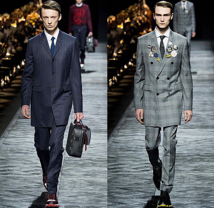 Dior Homme 2015-2016 Fall Autumn Winter Mens Runway Catwalk Looks - Mode à Paris Fashion Week Mode Masculine France - Denim Jeans Houndstooth Check Outerwear Oversized Coat Suit Leather Jogger Sweatpants Tuxedo Cocktail Jacket Nautical Vest Waistcoat Parka Cargo Pockets Cap Sweater Jumper Bag Pinstripe Shearling Wide Lapel Layers Fauna Leaves Foliage Briefcase Pinback Buttons