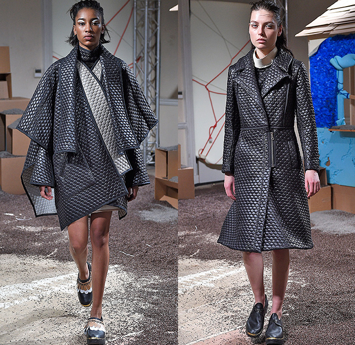 Danielle Romeril 2015-2016 Fall Autumn Winter Womens Lookbook Presentation - London Fashion Week - London Collections Women British Fashion Council UK United Kingdom - Raw Salvage Scavenge Denim Jeans Asymmetrical Hem Lace Edge Quilted Honeycomb Plaid Tartan Skirt Frock Feather Stitch Multi-Panel Peel Away Strap Earrings Layers Outerwear Coat Coatdress Dress Sweater Jumper Shawl Sleeveless