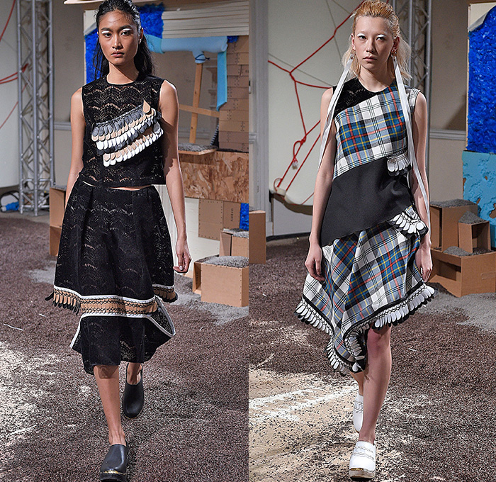 Danielle Romeril 2015-2016 Fall Autumn Winter Womens Lookbook Presentation - London Fashion Week - London Collections Women British Fashion Council UK United Kingdom - Raw Salvage Scavenge Denim Jeans Asymmetrical Hem Lace Edge Quilted Honeycomb Plaid Tartan Skirt Frock Feather Stitch Multi-Panel Peel Away Strap Earrings Layers Outerwear Coat Coatdress Dress Sweater Jumper Shawl Sleeveless