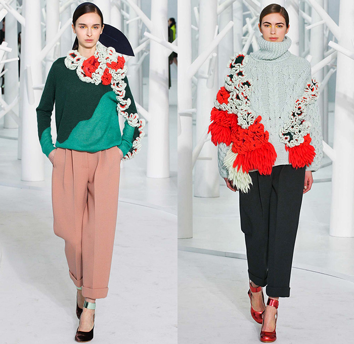 DELPOZO 2015-2016 Fall Autumn Winter Womens Runway Catwalk Looks - New York Fashion Week NYFW - Pre-Raphaelite Shoulder Pads Chunky Knit Sweater Leaf Crochet Velvet Balloon Sleeves Bejeweled Embroidery 3D Embellishments Turtleneck Pinafore Dress Swallow Birds Outerwear Coat Coatdress Sheer Chiffon Tulle Flowers Florals Botanical Print Graphic Pattern Gown Hanging Sleeve Drapery Shorts Pantsuit