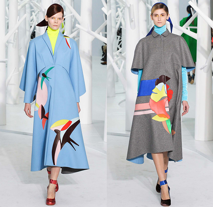 DELPOZO 2015-2016 Fall Autumn Winter Womens Runway Catwalk Looks - New York Fashion Week NYFW - Pre-Raphaelite Shoulder Pads Chunky Knit Sweater Leaf Crochet Velvet Balloon Sleeves Bejeweled Embroidery 3D Embellishments Turtleneck Pinafore Dress Swallow Birds Outerwear Coat Coatdress Sheer Chiffon Tulle Flowers Florals Botanical Print Graphic Pattern Gown Hanging Sleeve Drapery Shorts Pantsuit