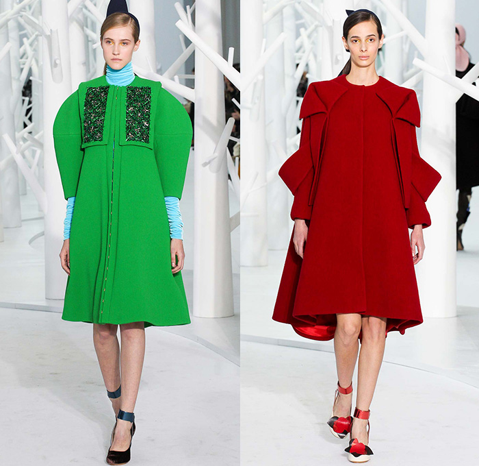 DELPOZO 2015-2016 Fall Autumn Winter Womens Runway Catwalk Looks - New York Fashion Week NYFW - Pre-Raphaelite Shoulder Pads Chunky Knit Sweater Leaf Crochet Velvet Balloon Sleeves Bejeweled Embroidery 3D Embellishments Turtleneck Pinafore Dress Swallow Birds Outerwear Coat Coatdress Sheer Chiffon Tulle Flowers Florals Botanical Print Graphic Pattern Gown Hanging Sleeve Drapery Shorts Pantsuit