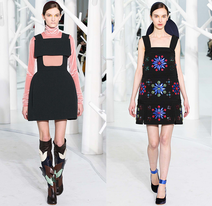 DELPOZO 2015-2016 Fall Autumn Winter Womens Runway Catwalk Looks - New York Fashion Week NYFW - Pre-Raphaelite Shoulder Pads Chunky Knit Sweater Leaf Crochet Velvet Balloon Sleeves Bejeweled Embroidery 3D Embellishments Turtleneck Pinafore Dress Swallow Birds Outerwear Coat Coatdress Sheer Chiffon Tulle Flowers Florals Botanical Print Graphic Pattern Gown Hanging Sleeve Drapery Shorts Pantsuit