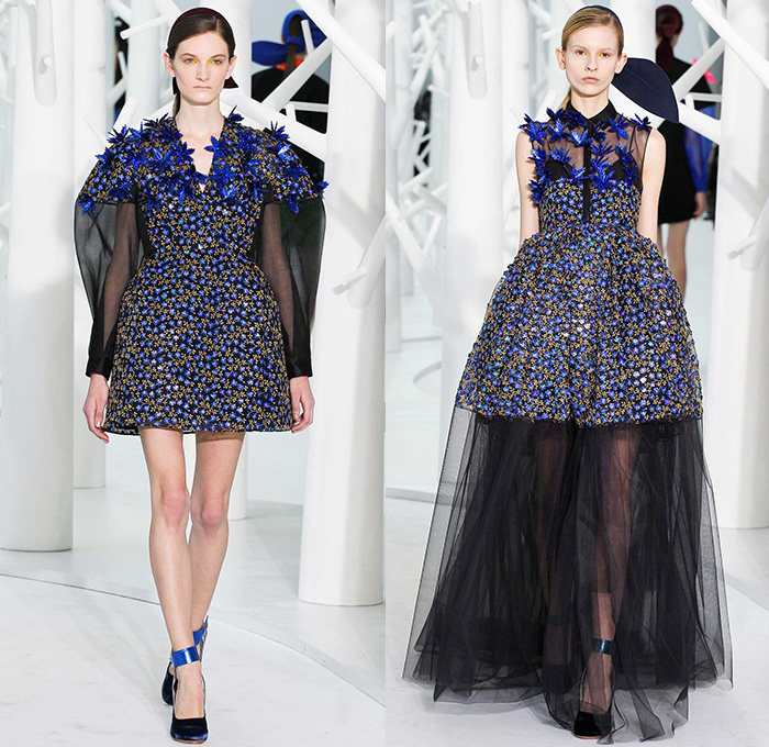 DELPOZO 2015-2016 Fall Autumn Winter Womens Runway Catwalk Looks - New York Fashion Week NYFW - Pre-Raphaelite Shoulder Pads Chunky Knit Sweater Leaf Crochet Velvet Balloon Sleeves Bejeweled Embroidery 3D Embellishments Turtleneck Pinafore Dress Swallow Birds Outerwear Coat Coatdress Sheer Chiffon Tulle Flowers Florals Botanical Print Graphic Pattern Gown Hanging Sleeve Drapery Shorts Pantsuit