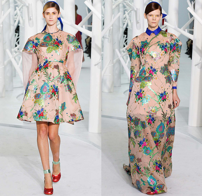 DELPOZO 2015-2016 Fall Autumn Winter Womens Runway Catwalk Looks - New York Fashion Week NYFW - Pre-Raphaelite Shoulder Pads Chunky Knit Sweater Leaf Crochet Velvet Balloon Sleeves Bejeweled Embroidery 3D Embellishments Turtleneck Pinafore Dress Swallow Birds Outerwear Coat Coatdress Sheer Chiffon Tulle Flowers Florals Botanical Print Graphic Pattern Gown Hanging Sleeve Drapery Shorts Pantsuit