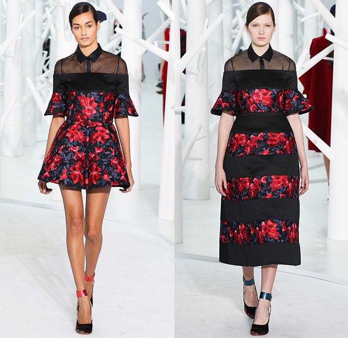 DELPOZO 2015-2016 Fall Autumn Winter Womens Runway Catwalk Looks - New York Fashion Week NYFW - Pre-Raphaelite Shoulder Pads Chunky Knit Sweater Leaf Crochet Velvet Balloon Sleeves Bejeweled Embroidery 3D Embellishments Turtleneck Pinafore Dress Swallow Birds Outerwear Coat Coatdress Sheer Chiffon Tulle Flowers Florals Botanical Print Graphic Pattern Gown Hanging Sleeve Drapery Shorts Pantsuit