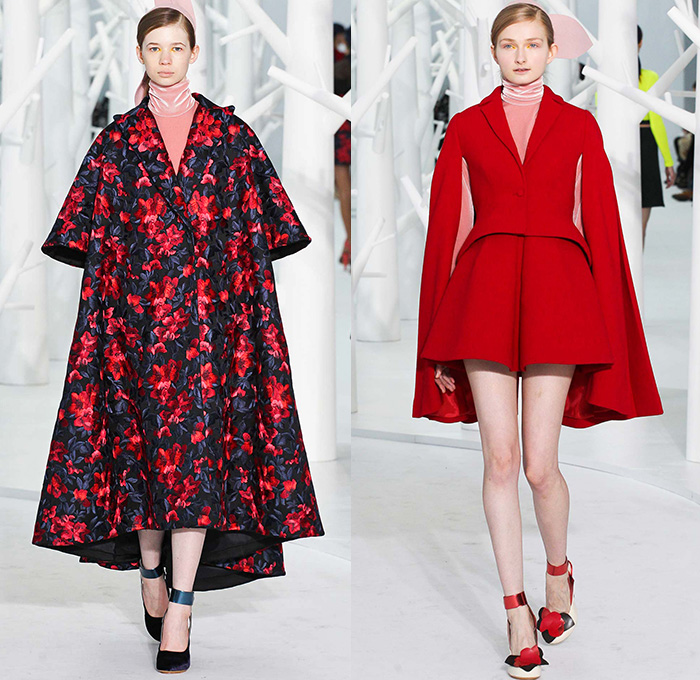 DELPOZO 2015-2016 Fall Autumn Winter Womens Runway Catwalk Looks - New York Fashion Week NYFW - Pre-Raphaelite Shoulder Pads Chunky Knit Sweater Leaf Crochet Velvet Balloon Sleeves Bejeweled Embroidery 3D Embellishments Turtleneck Pinafore Dress Swallow Birds Outerwear Coat Coatdress Sheer Chiffon Tulle Flowers Florals Botanical Print Graphic Pattern Gown Hanging Sleeve Drapery Shorts Pantsuit