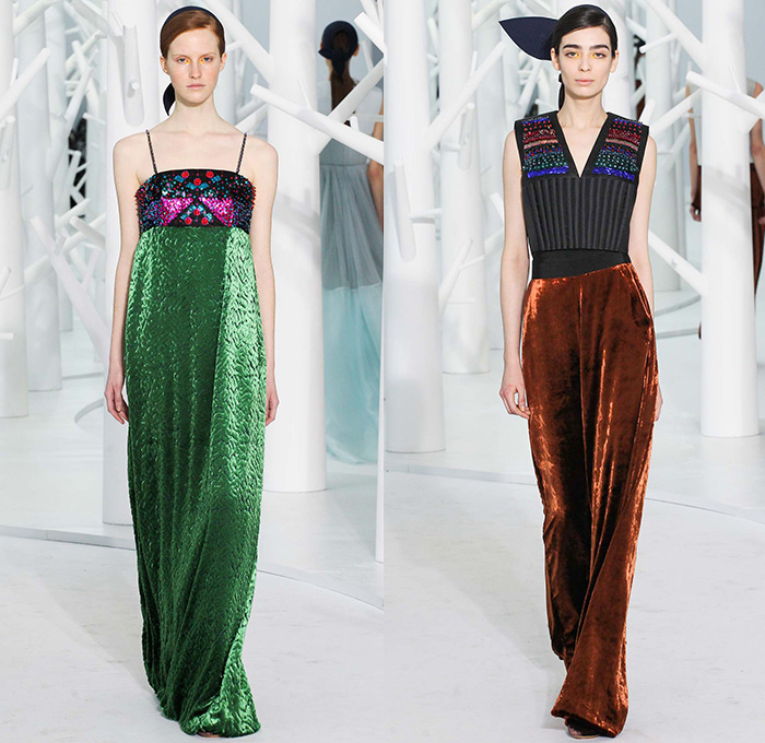 DELPOZO 2015-2016 Fall Autumn Winter Womens Runway Catwalk Looks - New York Fashion Week NYFW - Pre-Raphaelite Shoulder Pads Chunky Knit Sweater Leaf Crochet Velvet Balloon Sleeves Bejeweled Embroidery 3D Embellishments Turtleneck Pinafore Dress Swallow Birds Outerwear Coat Coatdress Sheer Chiffon Tulle Flowers Florals Botanical Print Graphic Pattern Gown Hanging Sleeve Drapery Shorts Pantsuit