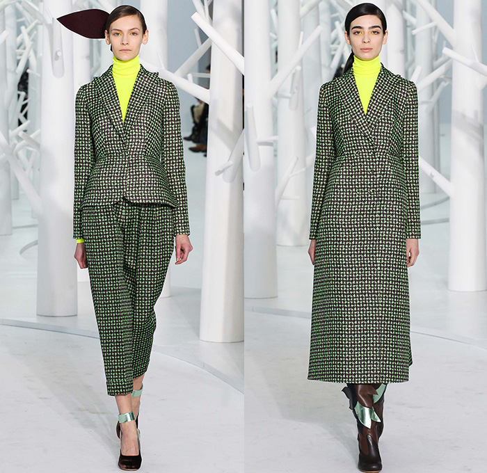 DELPOZO 2015-2016 Fall Autumn Winter Womens Runway Catwalk Looks - New York Fashion Week NYFW - Pre-Raphaelite Shoulder Pads Chunky Knit Sweater Leaf Crochet Velvet Balloon Sleeves Bejeweled Embroidery 3D Embellishments Turtleneck Pinafore Dress Swallow Birds Outerwear Coat Coatdress Sheer Chiffon Tulle Flowers Florals Botanical Print Graphic Pattern Gown Hanging Sleeve Drapery Shorts Pantsuit