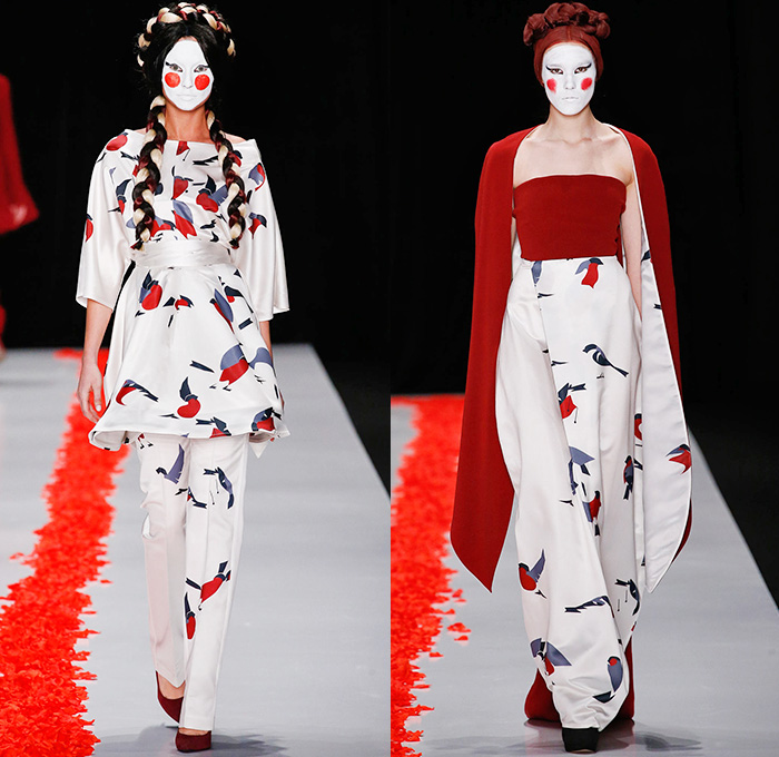 Dimaneu 2015-2016 Fall Autumn Winter Womens Runway Catwalk Looks - Mercedes-Benz Fashion Week Moscow Russia - Yuka Japanese Asian Robe Kimono Wrap Embroidery Birds Geometric Cloak Sweater Jumper Braid Tunic Hanging Sleeve Cape Dress Gown Velvet Pants Trousers Geisha White Makeup Conical Hat Veil Uchikatsugi Headdress