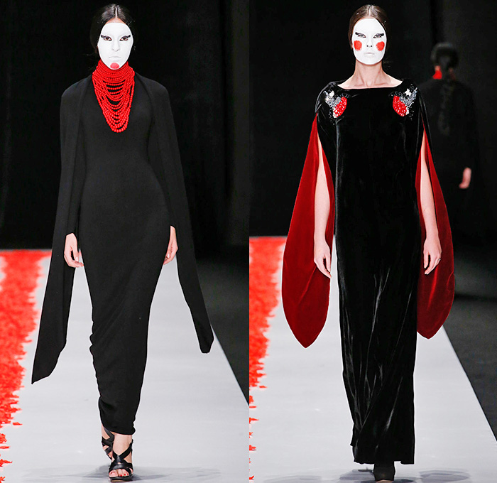 Dimaneu 2015-2016 Fall Autumn Winter Womens Runway Catwalk Looks - Mercedes-Benz Fashion Week Moscow Russia - Yuka Japanese Asian Robe Kimono Wrap Embroidery Birds Geometric Cloak Sweater Jumper Braid Tunic Hanging Sleeve Cape Dress Gown Velvet Pants Trousers Geisha White Makeup Conical Hat Veil Uchikatsugi Headdress