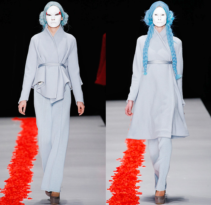 Dimaneu 2015-2016 Fall Autumn Winter Womens Runway Catwalk Looks - Mercedes-Benz Fashion Week Moscow Russia - Yuka Japanese Asian Robe Kimono Wrap Embroidery Birds Geometric Cloak Sweater Jumper Braid Tunic Hanging Sleeve Cape Dress Gown Velvet Pants Trousers Geisha White Makeup Conical Hat Veil Uchikatsugi Headdress