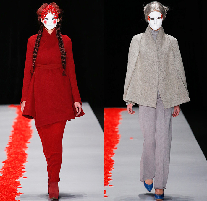 Dimaneu 2015-2016 Fall Autumn Winter Womens Runway Catwalk Looks - Mercedes-Benz Fashion Week Moscow Russia - Yuka Japanese Asian Robe Kimono Wrap Embroidery Birds Geometric Cloak Sweater Jumper Braid Tunic Hanging Sleeve Cape Dress Gown Velvet Pants Trousers Geisha White Makeup Conical Hat Veil Uchikatsugi Headdress