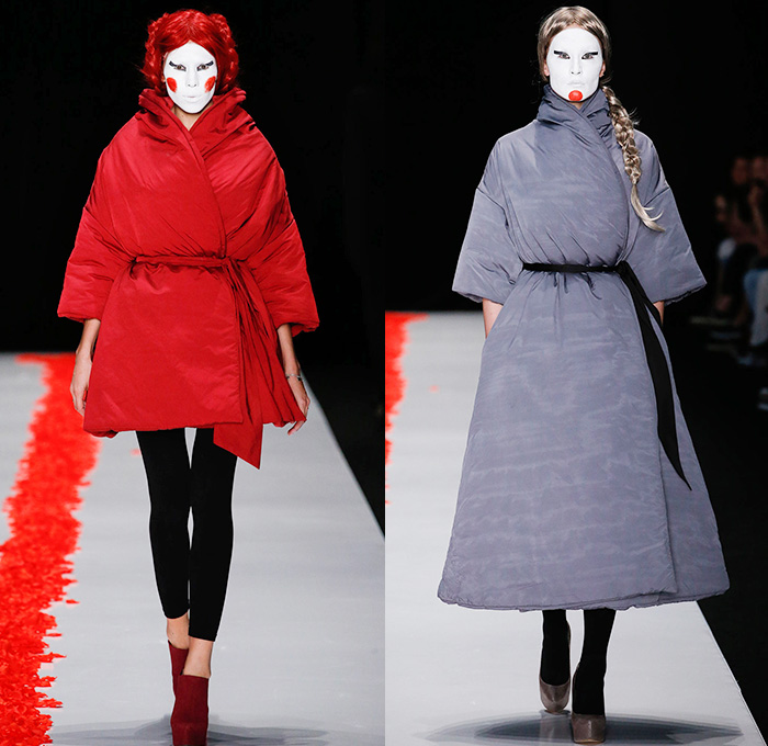 Dimaneu 2015-2016 Fall Autumn Winter Womens Runway Catwalk Looks - Mercedes-Benz Fashion Week Moscow Russia - Yuka Japanese Asian Robe Kimono Wrap Embroidery Birds Geometric Cloak Sweater Jumper Braid Tunic Hanging Sleeve Cape Dress Gown Velvet Pants Trousers Geisha White Makeup Conical Hat Veil Uchikatsugi Headdress