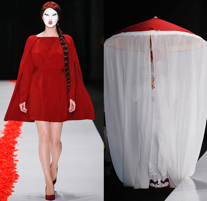 Dimaneu 2015-2016 Fall Autumn Winter Womens Runway Catwalk Looks - Mercedes-Benz Fashion Week Moscow Russia - Yuka Japanese Asian Robe Kimono Wrap Embroidery Birds Geometric Cloak Sweater Jumper Braid Tunic Hanging Sleeve Cape Dress Gown Velvet Pants Trousers Geisha White Makeup Conical Hat Veil Uchikatsugi Headdress