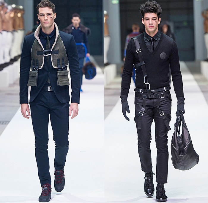 Dirk Bikkembergs 2015-2016 Fall Autumn Winter Mens Runway Catwalk Looks - Milano Moda Uomo Collezione Milan Fashion Week Italy Camera Nazionale della Moda Italiana - Mountaineer Outdoor Climber Outerwear Coat Straps Harness Leggings Backpack Utility Pockets Vest Suit Blazer Military Boots Zippers Sweater Jumper Crop Top Midriff Gauntlet Waistcoat Shearling Ropes Cables Parka Moto Biker Knit Cardigan