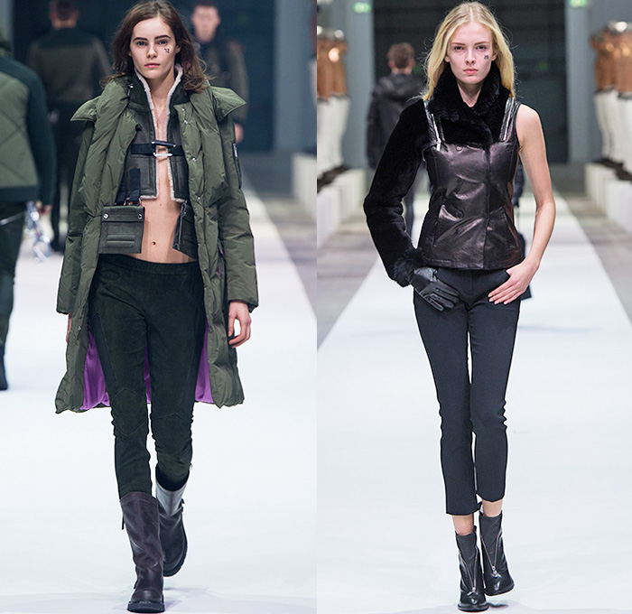 Dirk Bikkembergs 2015-2016 Fall Autumn Winter Womens Runway Catwalk Looks - Milano Moda Uomo Collezione Milan Fashion Week Italy Camera Nazionale della Moda Italiana - Outerwear Parka Utility Pockets Straps Boots Asymmetrical Sleeve Knit Leather Coat Hoodie Puffer Leggings Gloves Cropped Pants Trousers Wide Lapel Peel Away Belts D-rings Vest Waistcoat Ropes Abstract Print Zippers Dress Geometric