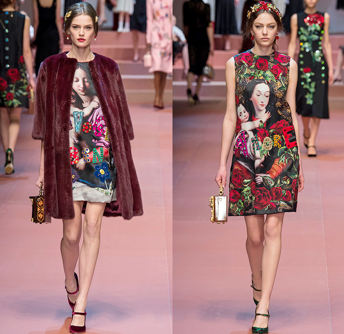 Dolce + Gabbana 2015-2016 Fall Autumn Winter Womens Runway Catwalk Looks - Milano Moda Donna Collezione Milan Fashion Week Italy Camera Nazionale della Moda Italiana - Family Mother Mom Mama Mamma Maman Flowers Florals Botanical Embroidery Jewels Bedazzled Metallic Jacquard Silk Rollneck Lace Cape Furry Outerwear Coat Drawings Illustrations Scarf Pop Art Gown Crown Headphones Patches Babies Infant Cargo Pockets