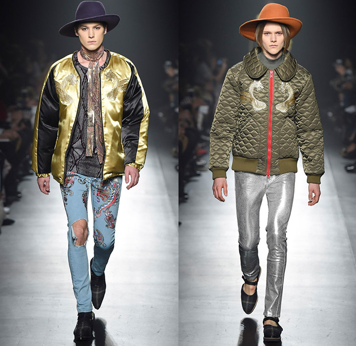 DressCamp by Toshikazu Iwaya 2015-2016 Fall Autumn Winter Mens Runway Catwalk Looks - Mercedes-Benz Fashion Week Tokyo Japan - Denim Jeans Dragon Metallic Snake Reptile Bomber Jacket Outerwear Coat Quilted Puffer Shirtdress Ornamental Print Decorative Art Stripes Blazer Knee Pads Detachable Silk Leather Fringes Pointed Shoes Hoodie Plaid Geometric Onesie Jumpsuit Furry Jogger Sweatpants Shorts Vest Waistcoat