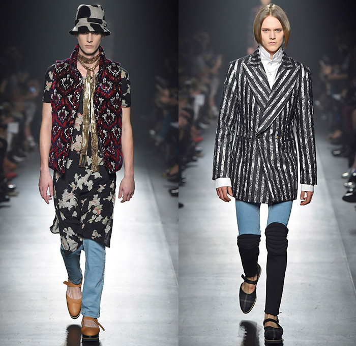 DressCamp by Toshikazu Iwaya 2015-2016 Fall Autumn Winter Mens Runway Catwalk Looks - Mercedes-Benz Fashion Week Tokyo Japan - Denim Jeans Dragon Metallic Snake Reptile Bomber Jacket Outerwear Coat Quilted Puffer Shirtdress Ornamental Print Decorative Art Stripes Blazer Knee Pads Detachable Silk Leather Fringes Pointed Shoes Hoodie Plaid Geometric Onesie Jumpsuit Furry Jogger Sweatpants Shorts Vest Waistcoat