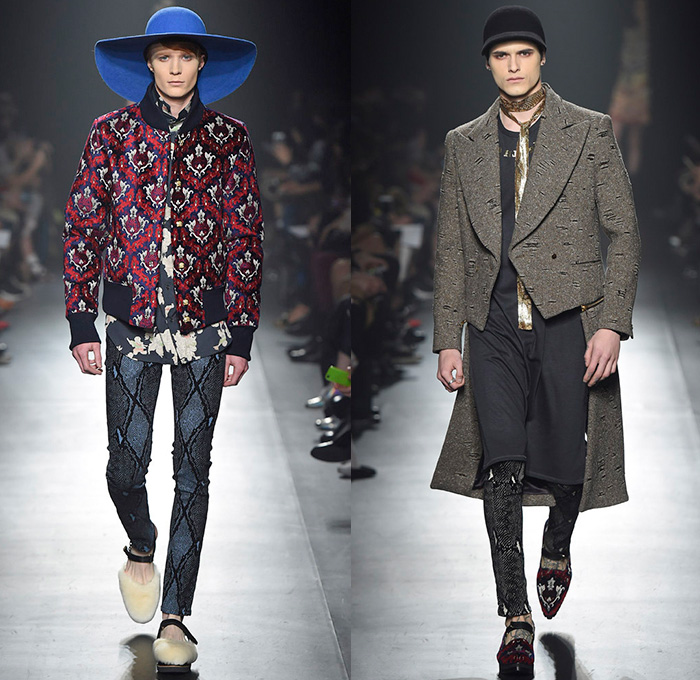 DressCamp by Toshikazu Iwaya 2015-2016 Fall Autumn Winter Mens Runway Catwalk Looks - Mercedes-Benz Fashion Week Tokyo Japan - Denim Jeans Dragon Metallic Snake Reptile Bomber Jacket Outerwear Coat Quilted Puffer Shirtdress Ornamental Print Decorative Art Stripes Blazer Knee Pads Detachable Silk Leather Fringes Pointed Shoes Hoodie Plaid Geometric Onesie Jumpsuit Furry Jogger Sweatpants Shorts Vest Waistcoat